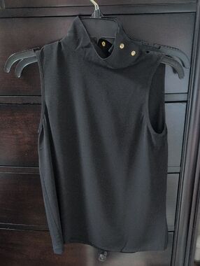 Sleeveless Mock Neck Black Top with Button Detail